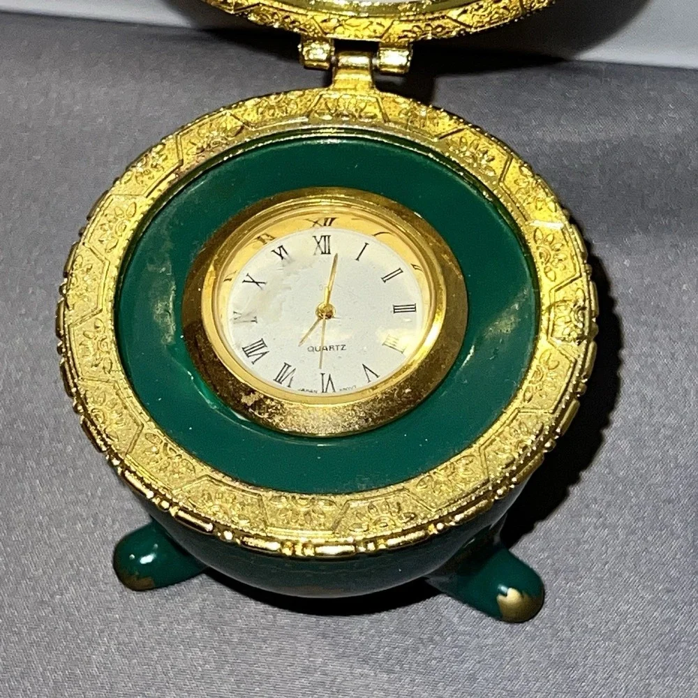 Rare Vtg Avon Emerald Green Gold Porcelain Footed Egg Clock Quartz Japan Movt